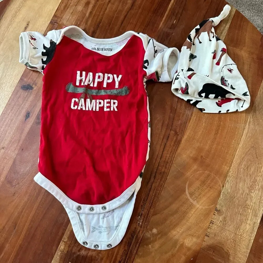 Little Blue House Happy Camper Onesie Matching Hat 12-18M Hunting‎ Camping